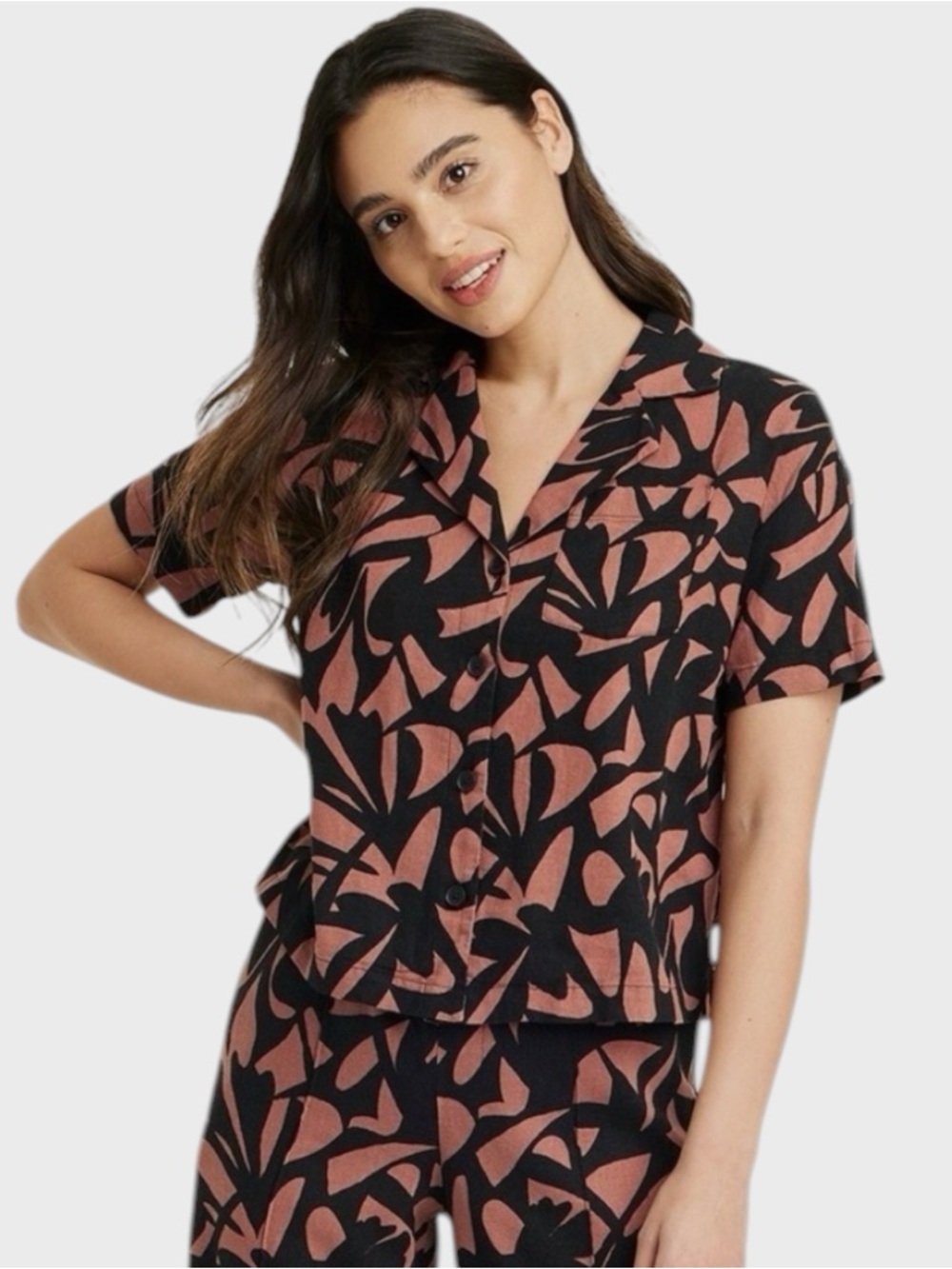 a new day Black & Rust Abstract Short-Sleeve Button-Down Shirt L NWT